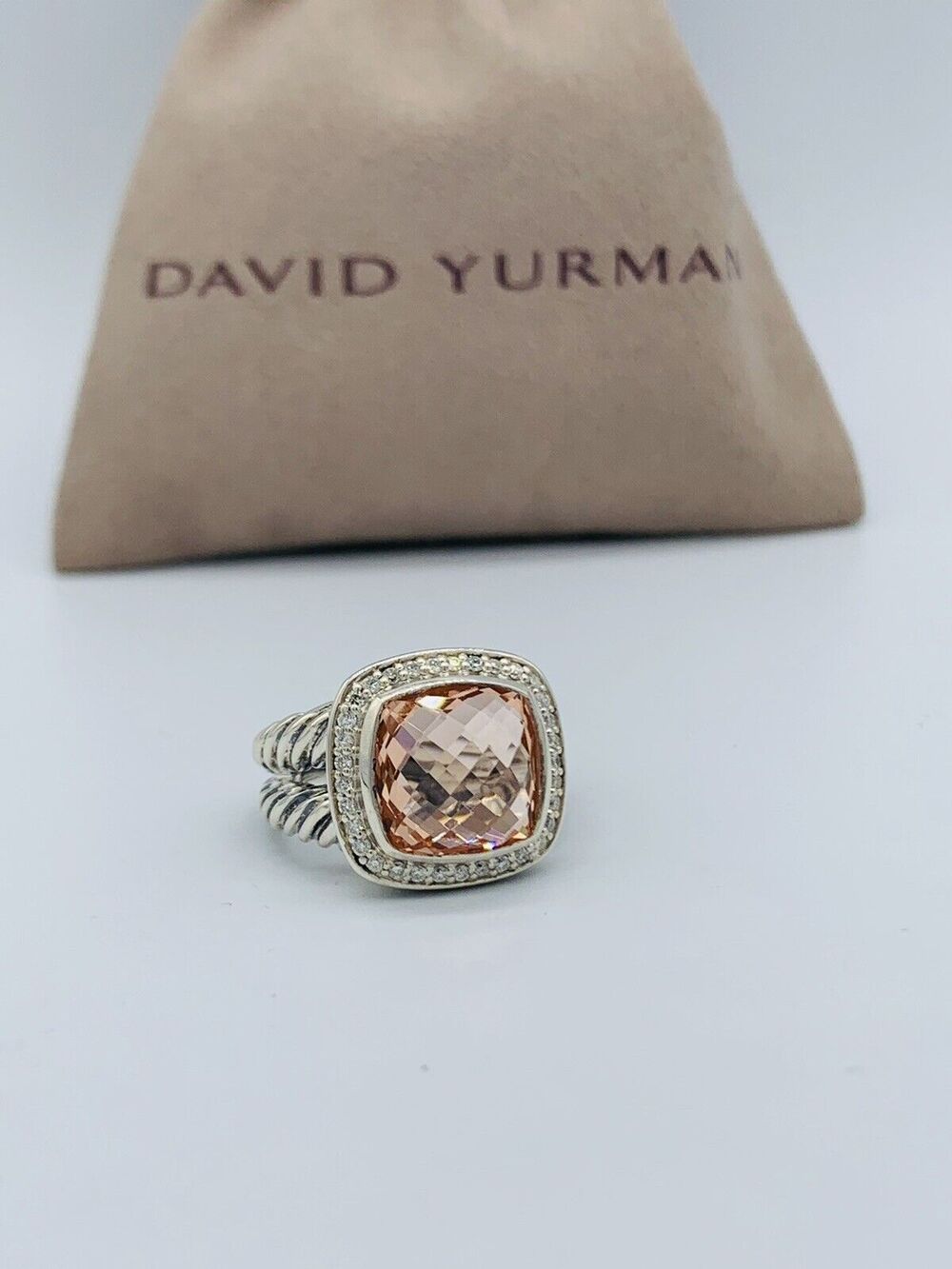 David Yurman Sterling Silver Albion Ring 11mm Morganite and Diamonds Size 6